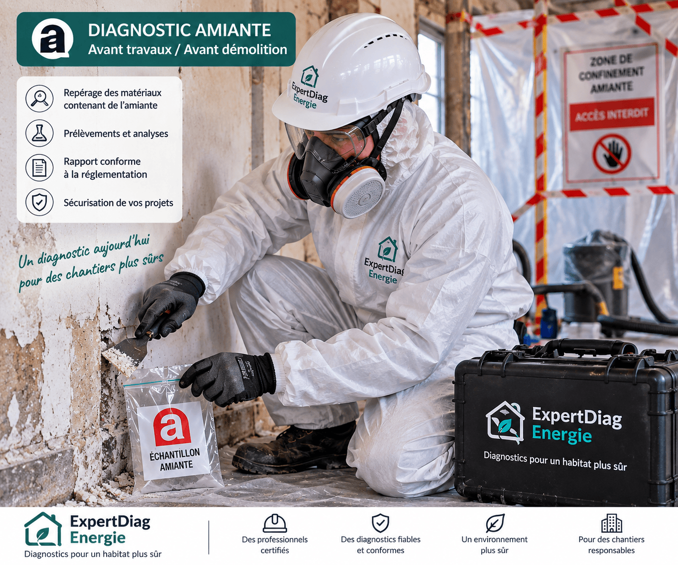 Technicien ExpertDiag Énergie en EPI complet réalisant un diagnostic amiante avant travaux ou avant démolition