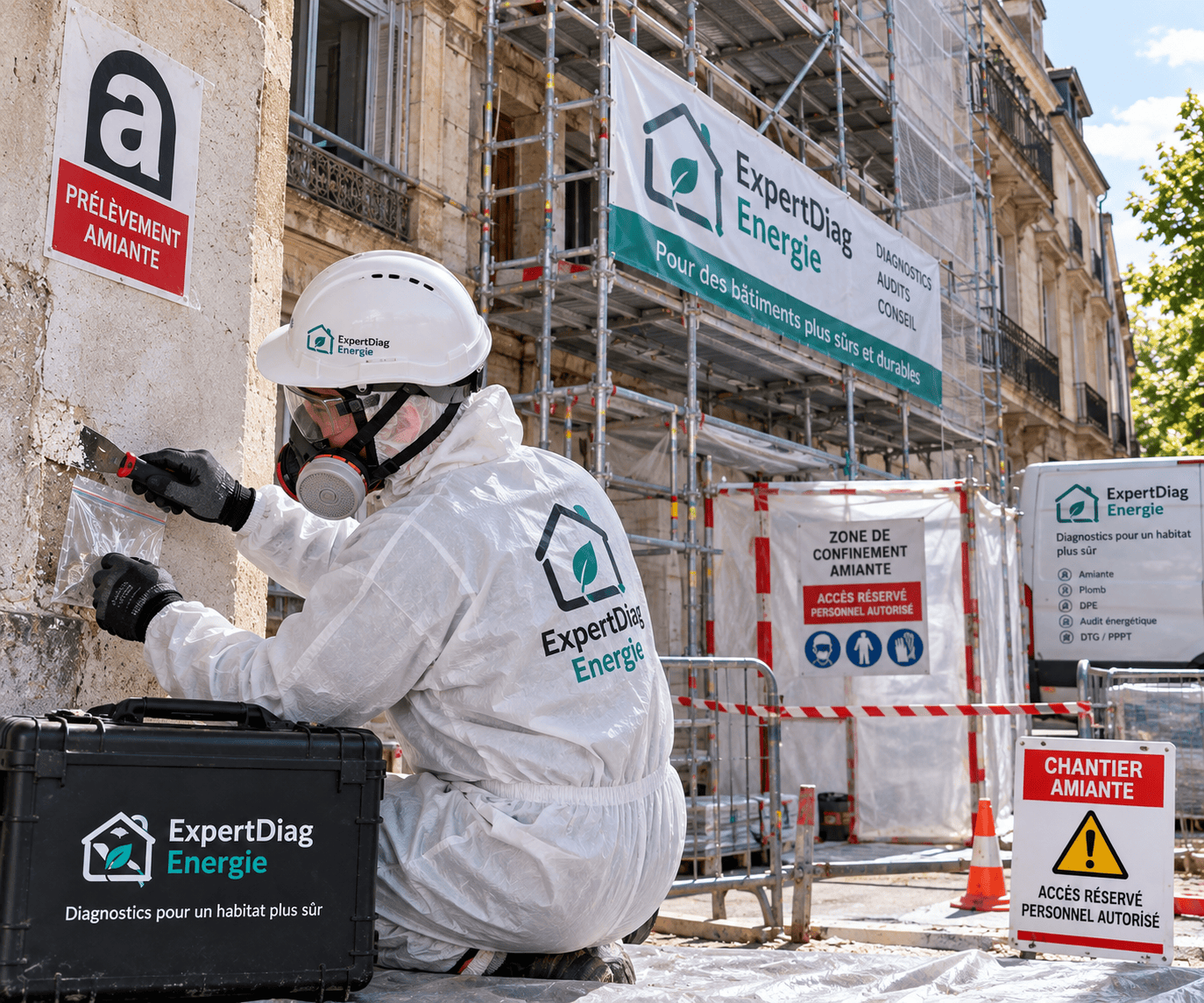 Bâtiment ancien en travaux de rénovation avec échafaudage, nécessitant un repérage amiante et plomb avant travaux