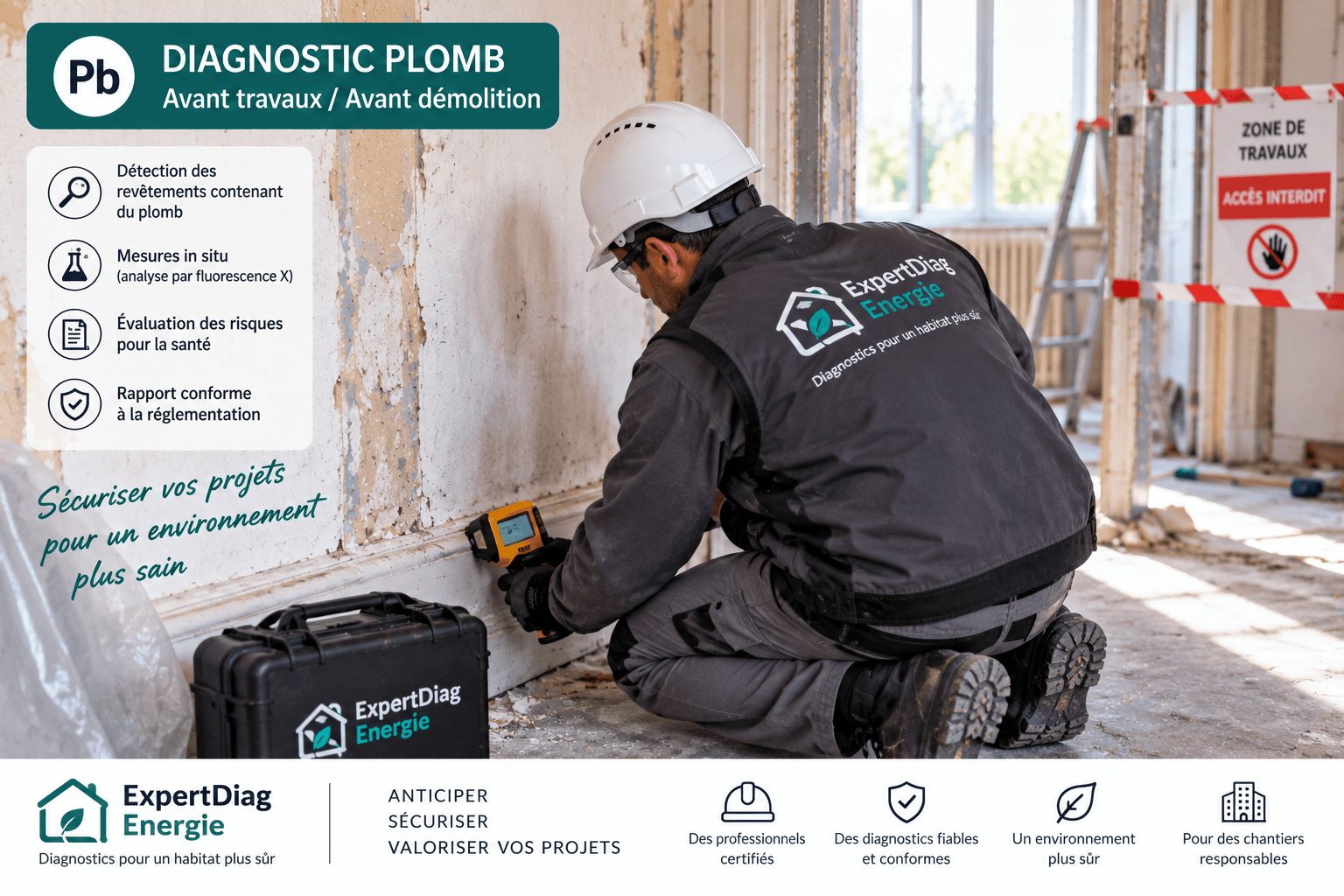 Technicien ExpertDiag Énergie en EPI complet réalisant un diagnostic plomb avant travaux ou avant démolition